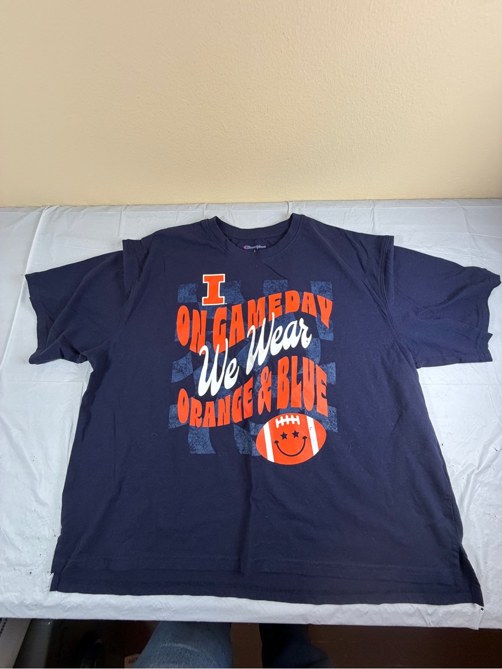 Champion Navy Short Sleeve Tee with Orange & White Graphic